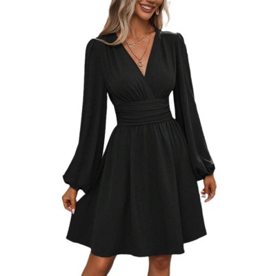 Coolmee Womens Mini Dress V Neck Long Sleeve Tie Waist Smocked Dress Ruffle Flowy Short Wrap Dresses for Cocktail Wedding Guest