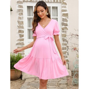 BLUEMING Womens Maternity Dress Ruffle Sleeve Wasit Tie Dress Summer Casual Short Sleeve Midi Surplice Dress - 1 of 4