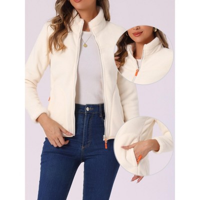 INSPIRE CHIC Women's Full Zip Long Sleeve High Neck Side Pockets Winter Fleece Jacket White X-Large — фото 2
