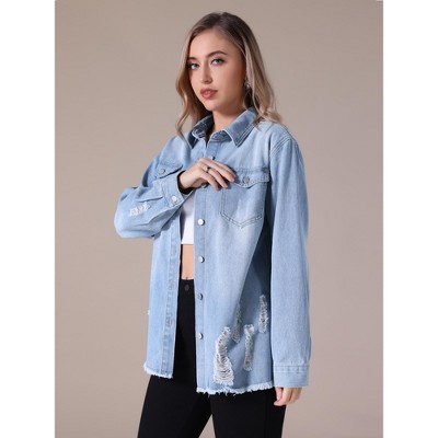 INSPIRE CHIC Women's Frayed Hem Long Sleeve Button Up Oversized Denim Jackets with Pockets Large Light Blue — фото 2