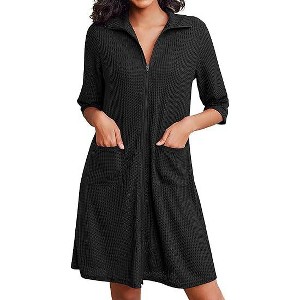 Ekouaer Zipper Robes for Women Waffle Knit Bathrobes Short Lightweight Knee Length Loungewear with Pockets - 1 of 4