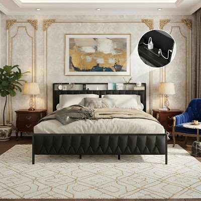 Queen Size Metal Platform Bed Frame with PU Faux Leather Button Tufted Headboard, No Box Spring Needed