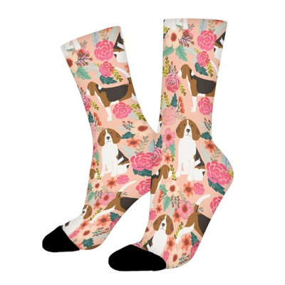 Beagle Flowers Florals Women Printed Crew Socks Funny Funky Socks Soft Polyester Novelty Gifts for Artists Men