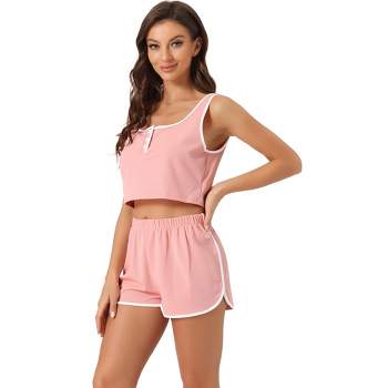 Allegra K Women's Lace Cami Shorts V Neck Camisole Satin Pajamas Set Pink  Large