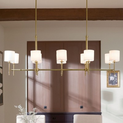 Brushed Brass 10-Light Linear Chandelier with Fabric Drum Shades