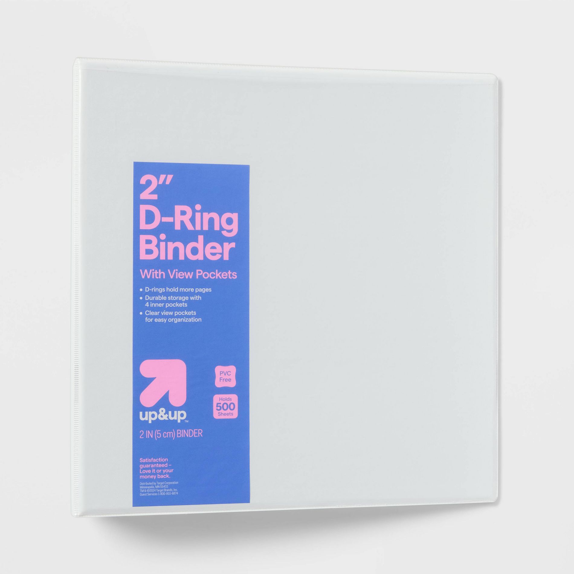 2" 3 Ring Binder Clear View White - up&up™: D Rings, 500 Sheet Capacity, Internal Pockets, Polypropylene