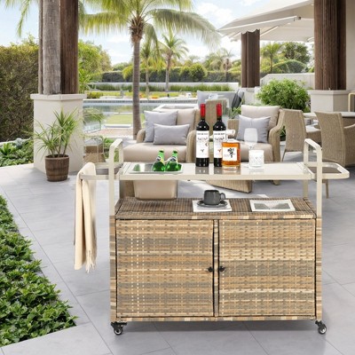 VYNXARIA Outdoor Wicker Bar Cart: Stylish Serving Table with Ice Bucket & Lockable Wheels