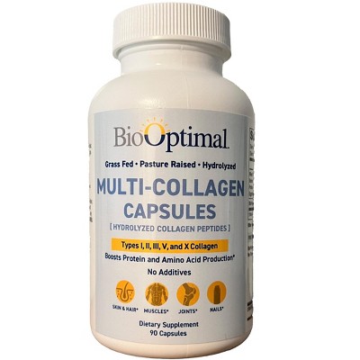 BioOptimal Multi-Collagen Supplement Capsules 1 Pack - Type I, II, III, V, X, Grass Fed, Pasture Raised, 90 Capsules.