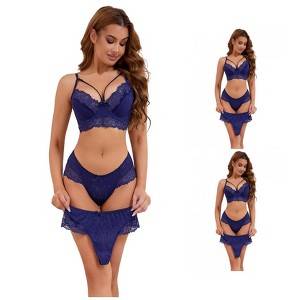 INSPIRE CHIC Women's 3 Sets Cross Straps Full Coverage Bralette and Panty Mesh Floral Lace Underwear Set - 1 of 4