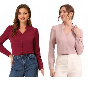 INSPIRE CHIC Women's Elegant V Neck Work Office Button Up Shirt 2 Packs - 1 of 4