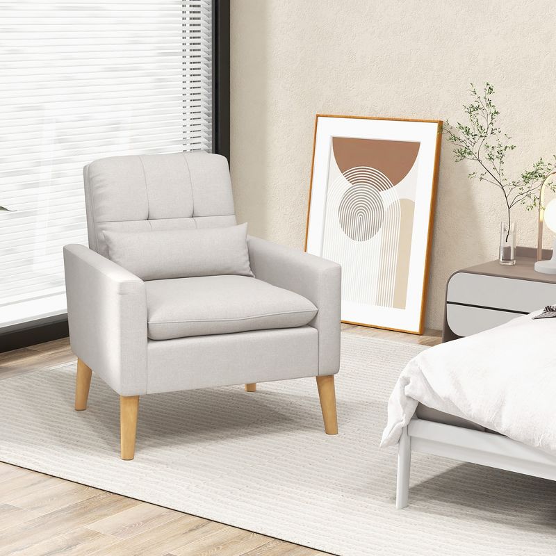 Tangkula Mid-century Modern Accent Chair Linen Fabric Reading Armchair w/ Lumbar Pillow Beige, 2 of 9