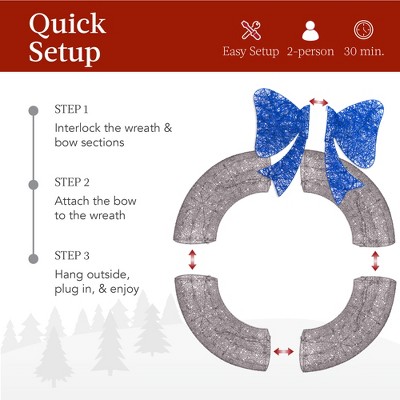 60in Silver and Blue LED Outdoor Christmas Wreath with Bow