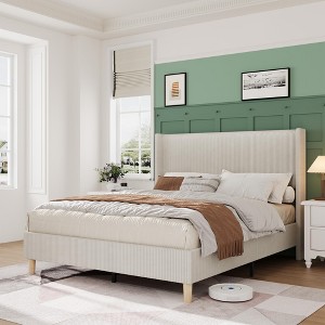 Bed Frame Modern Corduroy Platform Bed with Upholstered Wingback Headboard ,Wooden Slats Support, No Box Spring Needed, Creamy Beige - 1 of 4