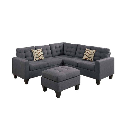 4pc Linen Fabric Sectional with Cocktail Ottoman and Pillows Gray - Benzara