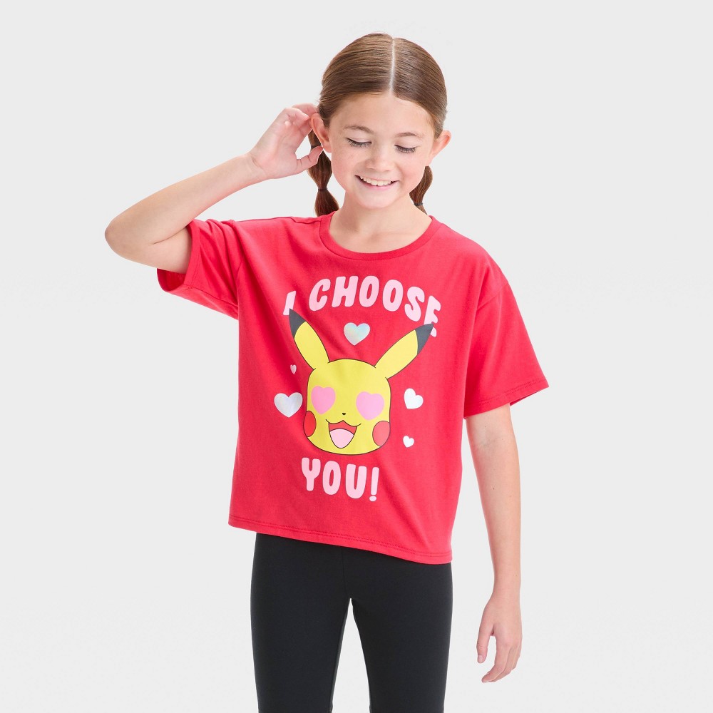Girls' Pikachu I Choose You Short Sleeve Valentine's Day T-Shirt - Red M
