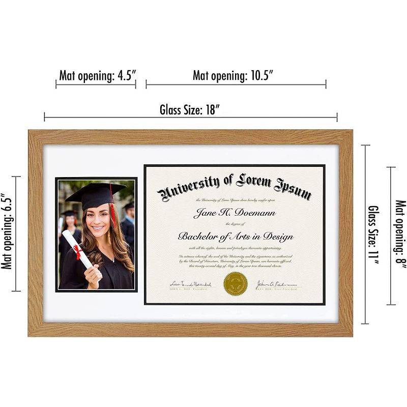 Americanflat 11x18 Oak Graduation Frame | 2 Opening Mat Displays 5"x7" Photo and 8.5"x11" Diploma. Tempered Shatter-Resistant Glass, 2 of 5