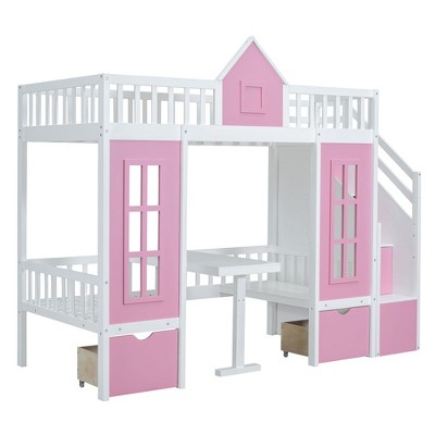 Grungis Twin Over Twin Loft Bed with Changeable Table,Bunk Bed with Ladder Turn into Upper Bed and Down Desk,Loft and Bunk Bed for Bedroom