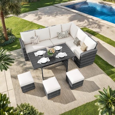 7-Pc Outdoor Patio Set - All-Weather Rattan Sectional w/Plastic Wood Table for Backyard/Poolside