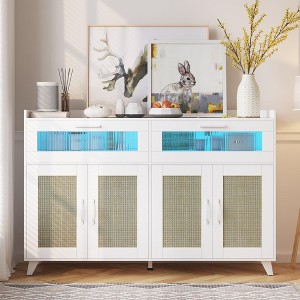 Sideboard Buffet Cabinet with Power Outlet and LED Light, with 2 Fluted Acrylic Drawers and 4 Rattan Doors, Wood Coffee Bar Cabinet for Kitchen, - 1 of 4