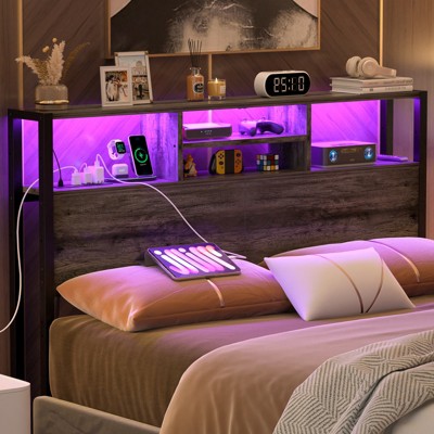Aheaplus Storage Headboard with Power Outlets & Led Lights, Height Adjustable, Reversible Headboard