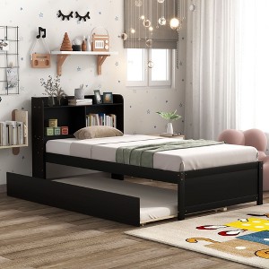 NicBex Full Size Wooden Platform Bed, Modern Bed Frame with Trundle and Storage Headboard for Bedroom - 1 of 4