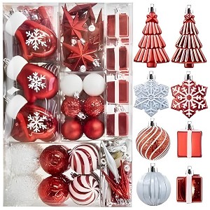 Jornoy 144-Count Assorted Plastic Shatterproof Christmas Ornaments Red/White - 1 of 4