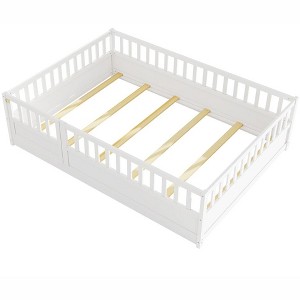 COWLOWN Full Size Floor Bed with Safety Barrier, Wooden Children's Bed Frame with Door Opening, Pine French Design - 1 of 4