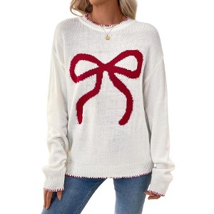 Garvee Womens Bow Knit Sweater Crew Neck Long Sleeve Knitted Pullover Contrast Trim Knitwear - 1 of 4