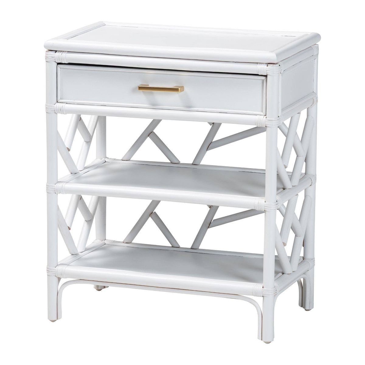 bali & pari Daina Natural Rattan Nightstand with Drawer and Open Shelves White