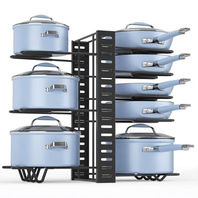 Hachikiko 8-Tier Kitchen Organizer - Adjustable Pot & Pan Storage Rack with 4 Hooks, Heavy Duty Metal for Cabinets & Countertops