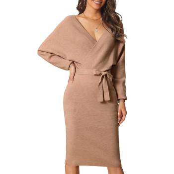 Allegra K Women's Roll Up Sleeves Multi-pocket Knee Length Belted Shirt  Dress Khaki Large : Target