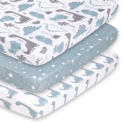 The Peanutshell Mini Crib Sheet Set for Boys - 3 Pack - Multiuse for Pack & Play, Playard, Playpen, Mini Crib - Blue Dino