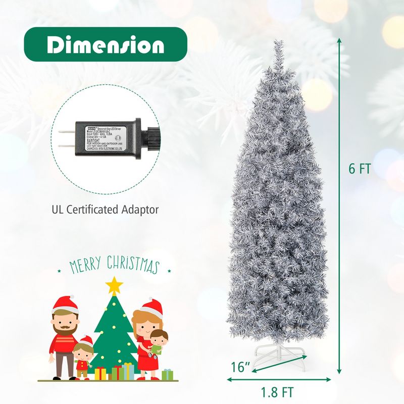 Costway 6 FT Pre-Lit Christmas Tree Hinged Slim Pencil with 250 LED Lights 475 Branch Tips, 3 of 11