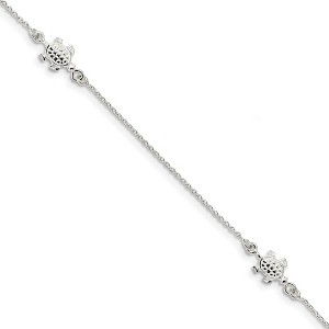 Black Bow Jewelry Sterling Silver Polished Turtle And 1mm Cable Chain Anklet, 9-10 Inch - 1 of 3