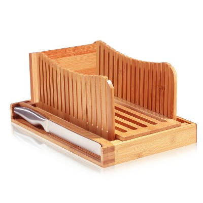 Bread Slicer for Homemade Bread - Bamboo Folding Bread Cutter with Knife, Crumb Tray & Adjustable Slicing Guide for Loaves, Bagels & Cakes