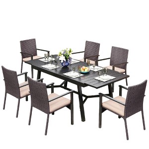Captiva Designs 7pc Patio Slat-top Expandable Metal Dining Table & Armrest Wicker Chairs with Cushions - 1 of 4