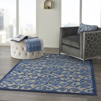 Aloha Contemporary Scroll 5'3" Round Blue/Grey Outdoor Rug