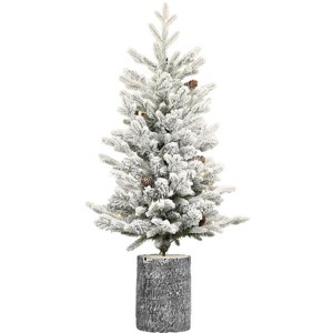 Decorated Flocked Basin Christmas Tree with PE/PVC Mixed Branches, Pine Cones, Warm White Lights, Durable MGO Planter, Holiday Décor - 1 of 4