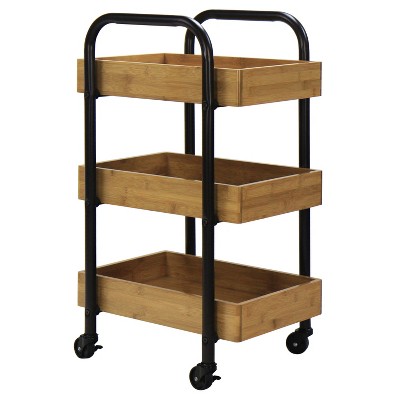 Black and Natural Bamboo 3-Tier Portable Storage Cart