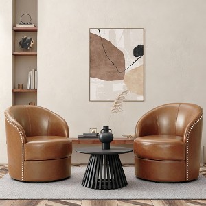 Genuine Leather Upholstered Barrel Chair, Swivel Accent Chair - 1 of 1