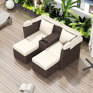 Outdoor Daybed, Double Daybed With Retractable Sunshade Canopy, Built-in Cup Holders And Storage Boxes, 2 Pillows, 2-Seater Sofa For Garden - 1 of 4