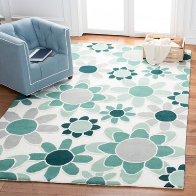 Ivory and Green Floral Hand-Tufted Wool Kids Rug, 3' x 5'