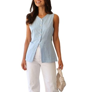Women's Linen Sleeveless Button Vest V - Neck Casual Top with Pockets - 1 of 4