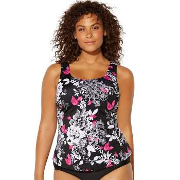 Swimsuits for All Women's Plus Size Bra Sized Crochet Underwire Tankini  Top, 46 DD - Pink Purple Palm