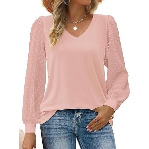 Zeagoo Women's Blouses Dressy Casual V Neck Top Swiss Dot Balloon Long Sleeve Shirts - 1 of 4