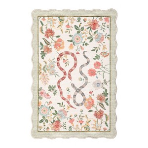Washable Scalloped Living Room Rugs, Floral Snake Print Farmhouse Bedroom Carpet, Non Slip Low Pile Dining Room Rugs - 1 of 4