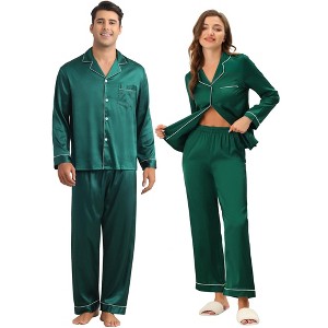 INSPIRE CHIC Couples Pajamas Sets Button Down Long Sleeve 2 Pack Satin Pajamas Sets - 1 of 4