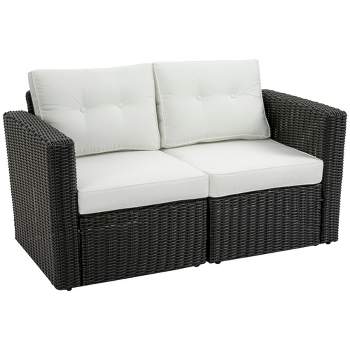 Outsunny 2 Piece Patio Wicker Corner Sofa Set, Outdoor PE Rattan Furniture, with Curved Armrests and Padded Cushions for Balcony, Garden, or Lawn, Lawn