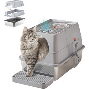 Large Stainless Steel Enclosed Cat Litter Box with Lid, Metal Kitty Litter Box with Flip Cover, Removable Top and Litter Scooper - 1 of 4
