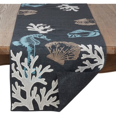 Navy Blue Coastal Sea Life Polyester Table Runner